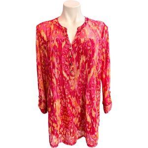 Boho Sheer Tunic Blouse XL Pink Orange Flowy Beach Vacation Top
